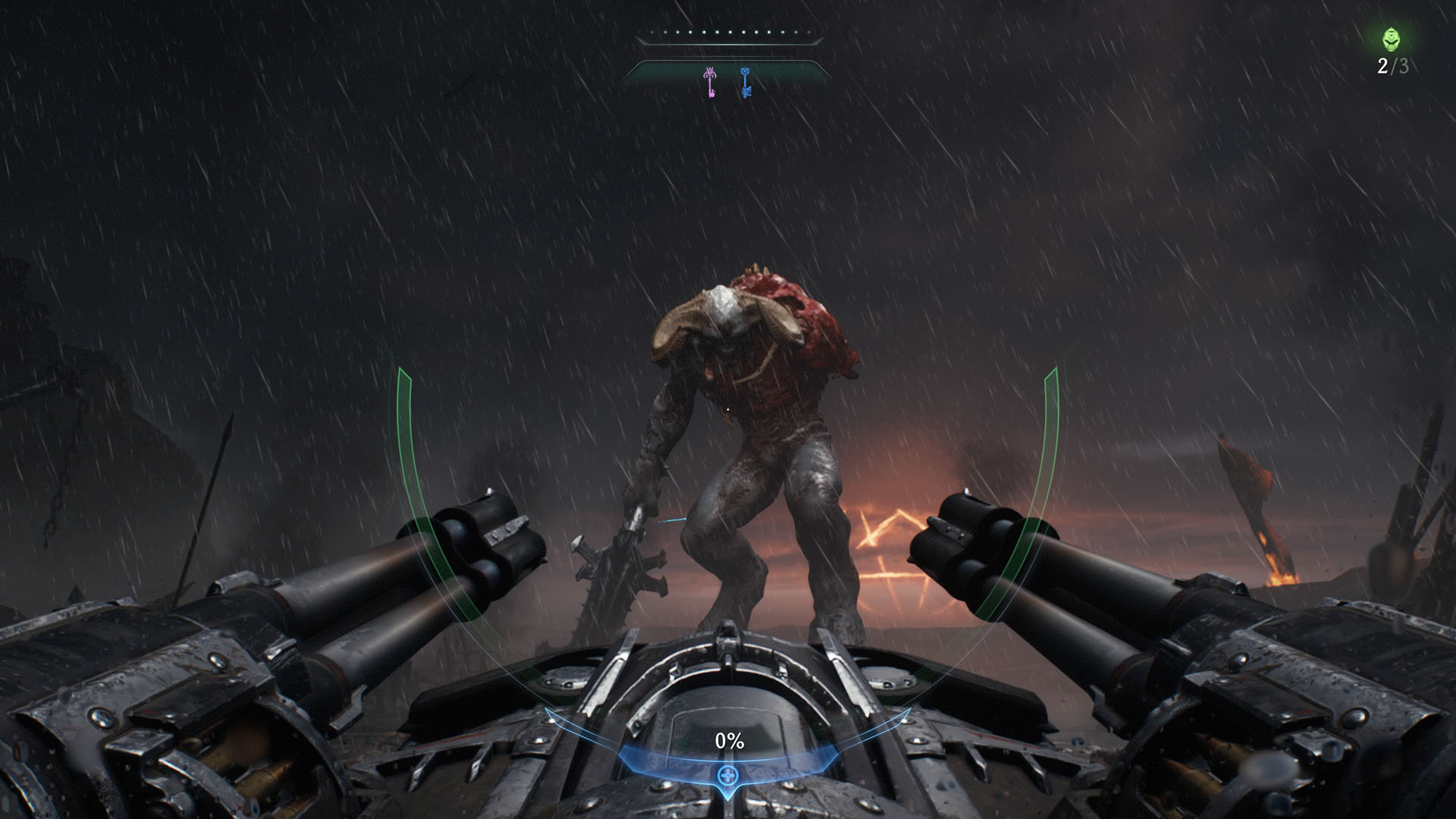 Doom The Dark Ages screenshot showing a large demon without their left arm and holding a giant mace with the right one. The perspective is from a kind of sentry gun we use to kill them.