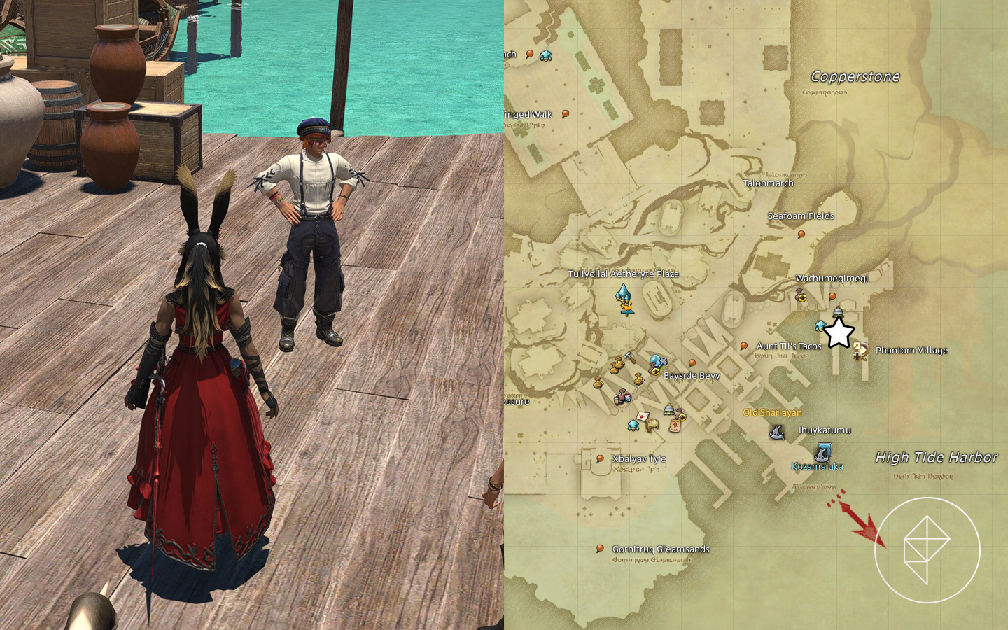 A Viera stands in front of an explorer in Final Fantasy 14 in Tuliyollal.