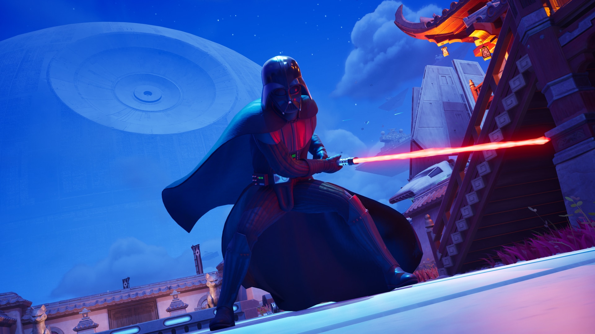 An in-game screenshot of Darth Vader swinging his lightsaber in Fortnite