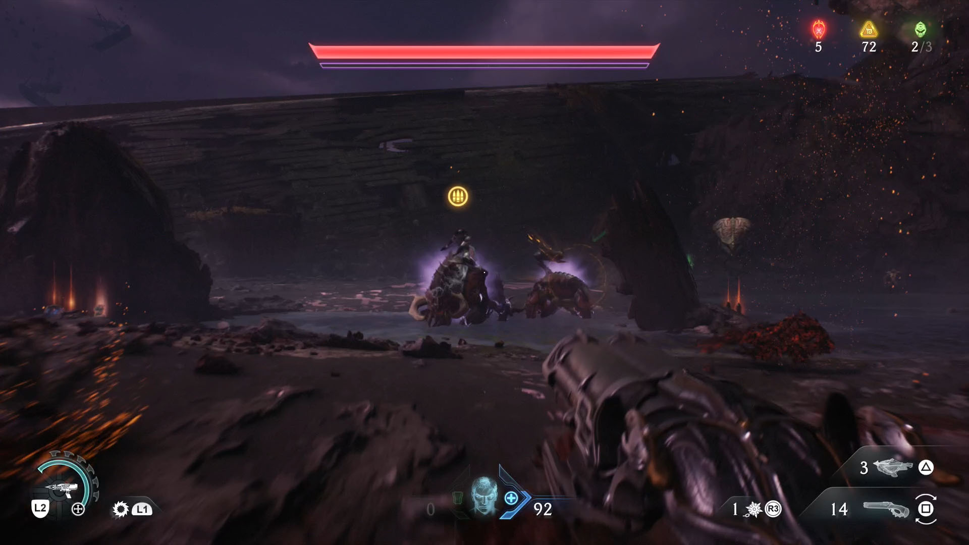 A Doom: The Dark Ages screenshot showing a Pinky Rider, a demon riding a hellspawn who is one of the leaders in Chapter 17.