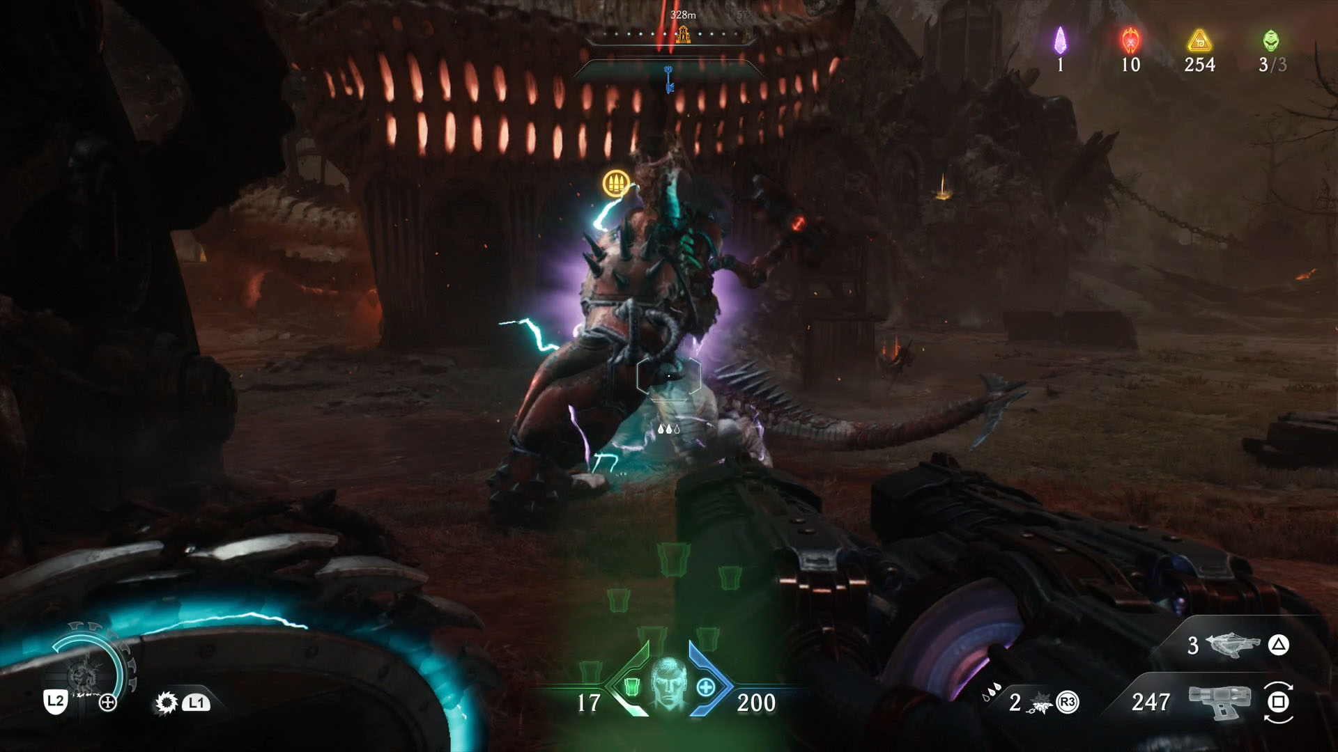 A Doom: The Dark Ages screenshot showing a Komodo raising their robotic arm. They are the leader of Chapter 20.