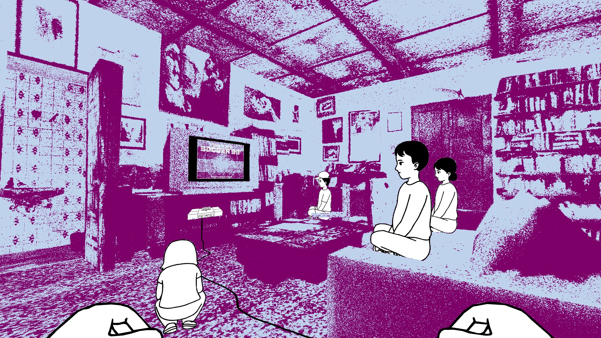 A family of cartoon children sit around a washed-out, purple, photographic rendering of a living room in Despelote