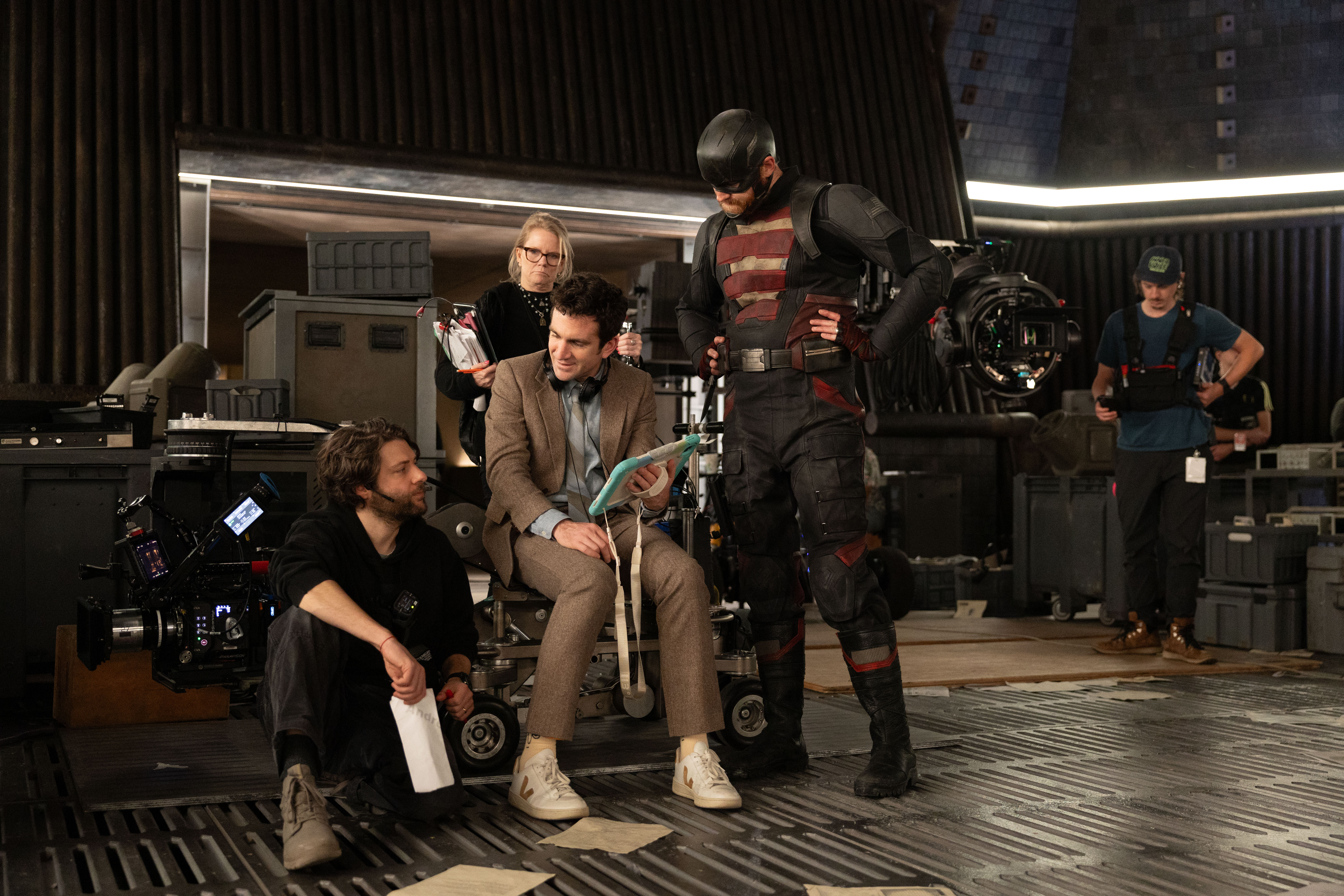Director Jake Schreier gives notes to Wyatt Russell on the set of Thunderbolts*