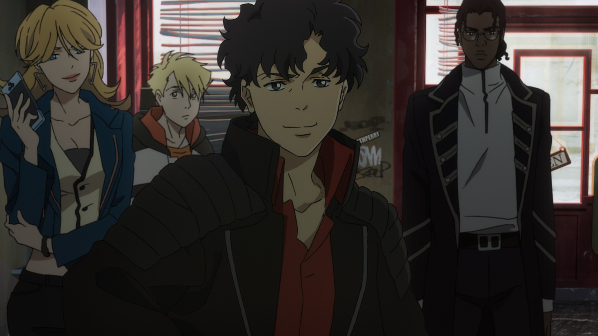 Four anime characters standing next to one another in a darkened room in Lazarus.
