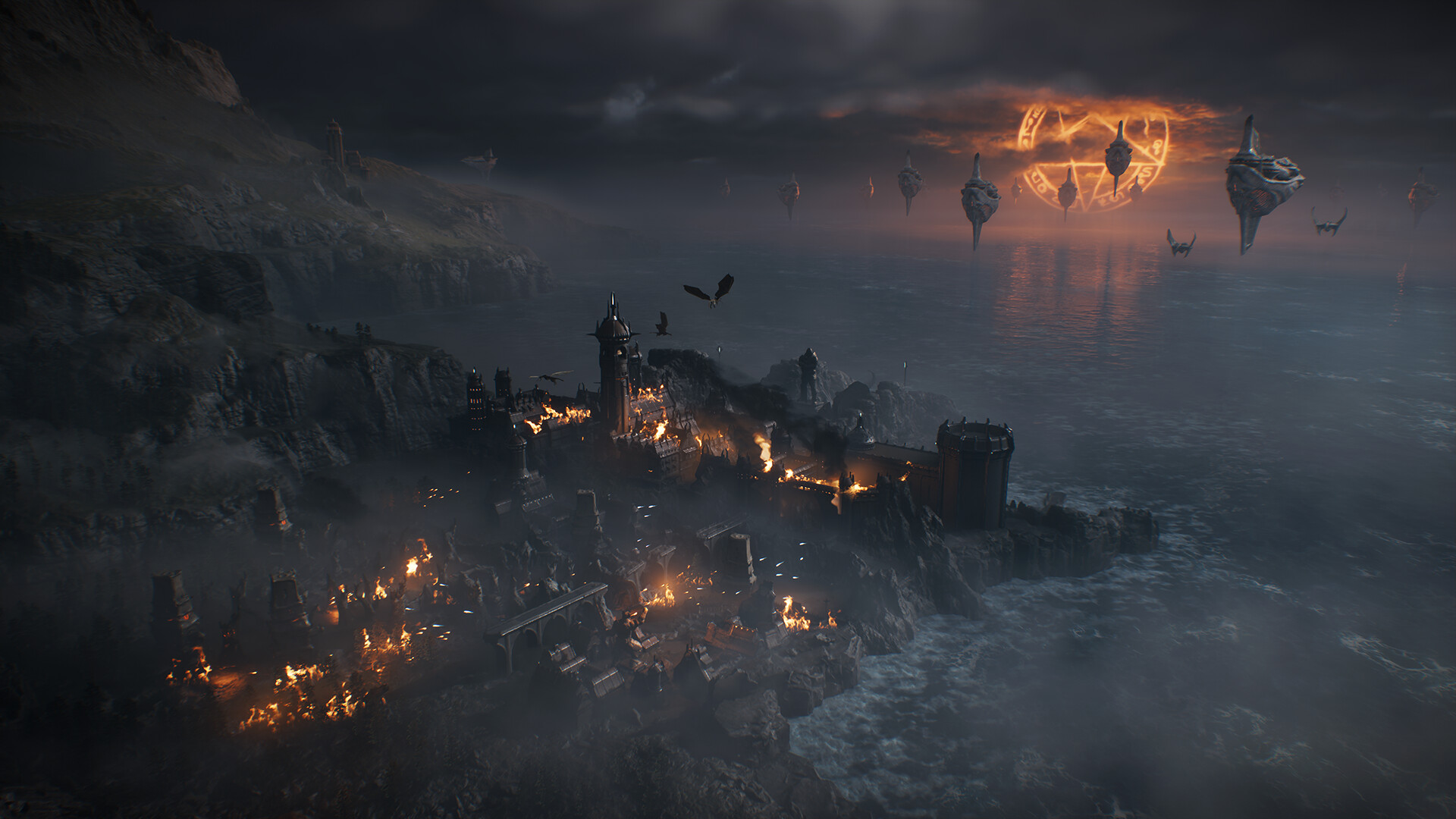A screenshot from Doom: The Dark Ages featuring a zoomed-out shot of a castle at nighttime