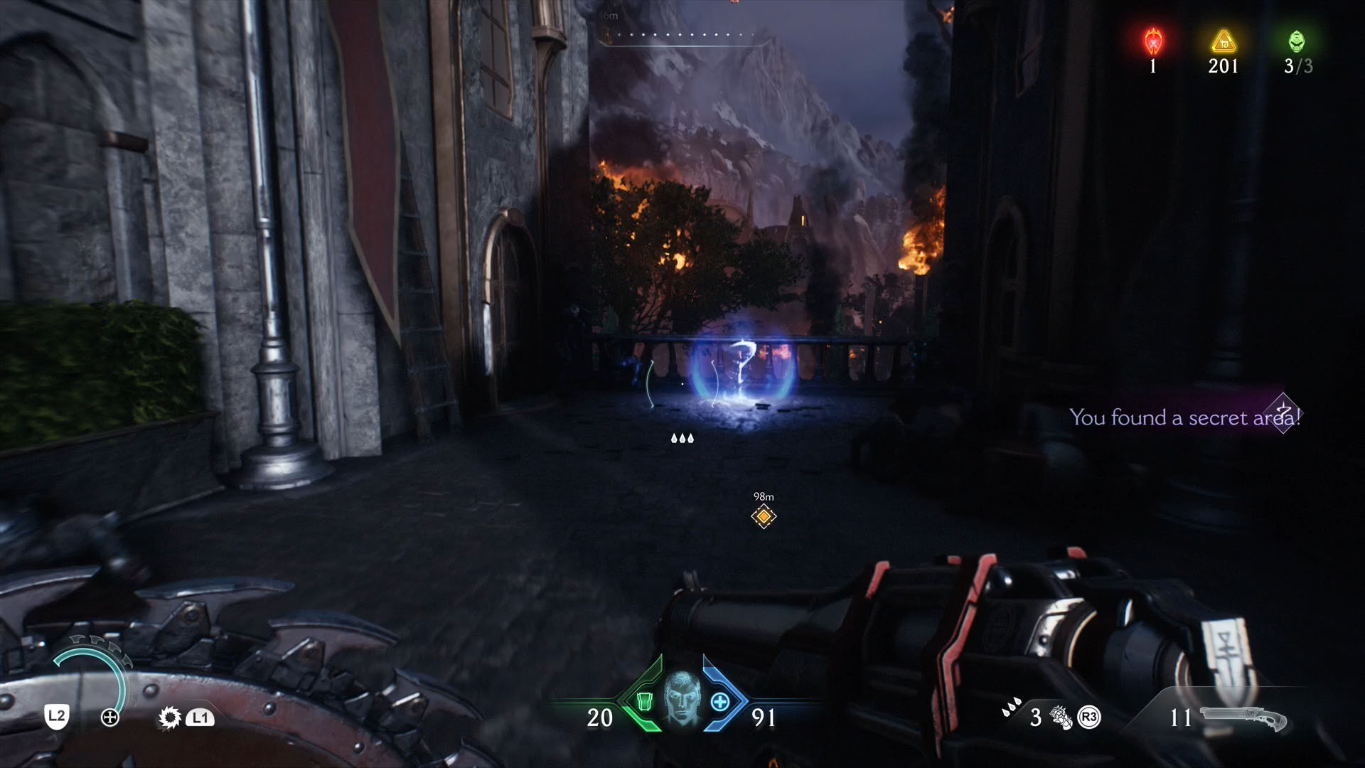 A screenshot of Doom: The Dark Ages showing the perspective of the player facing a glowing sphere with a question mark inside.