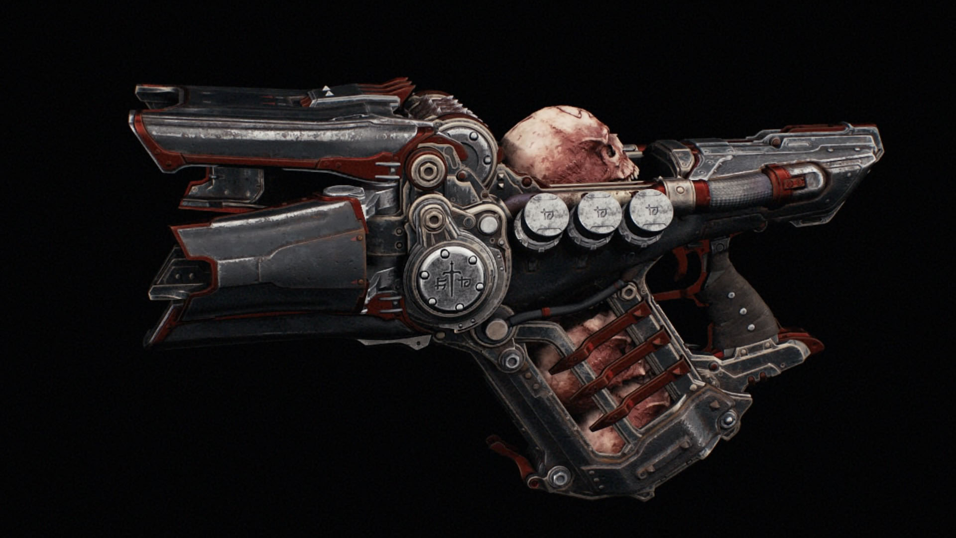 The Pulverizer’s Nightmsare skin comes with details in red, while the rest of the gun is covered with a dark sober gray. You can see skulls in a slot waiting to be smashed and be used as the ammo of this gun.