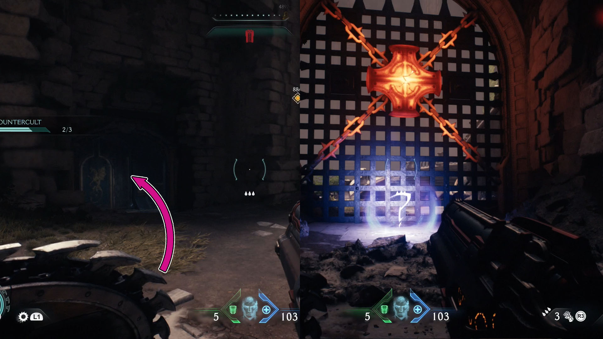 A montage showing two images. The first is the entrance to a corridor which will take you to where the Pulverizor’s Nightmare Skin is located. The second is the a glowing sphere with a question mark inside of it in front of a locked gate. 