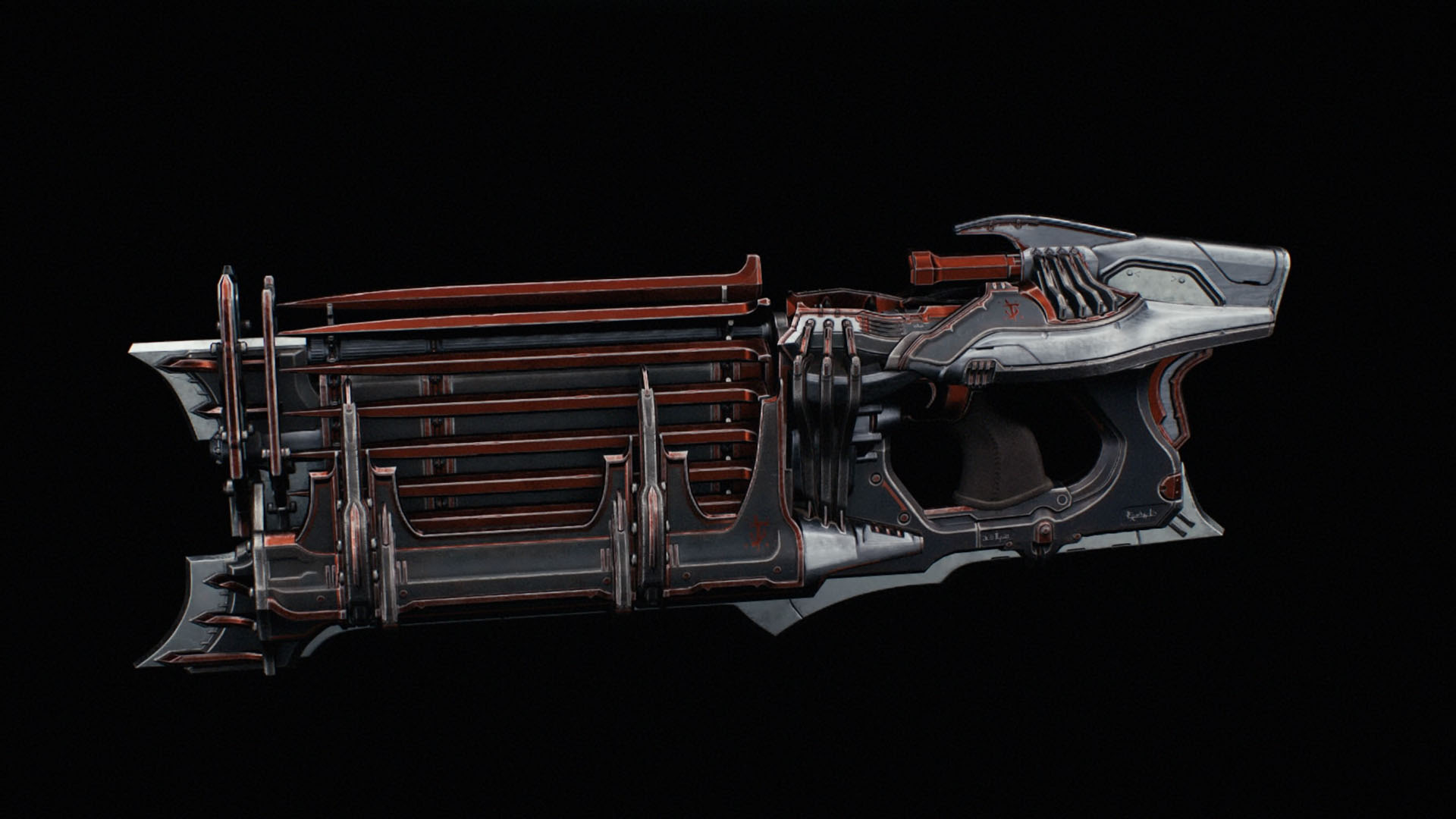 The Impaler’s Nightmare skin. Following the general idea of this group of skins, this one has details in red. The spikes it shoots are also in red. The rest of the weapons is gray.