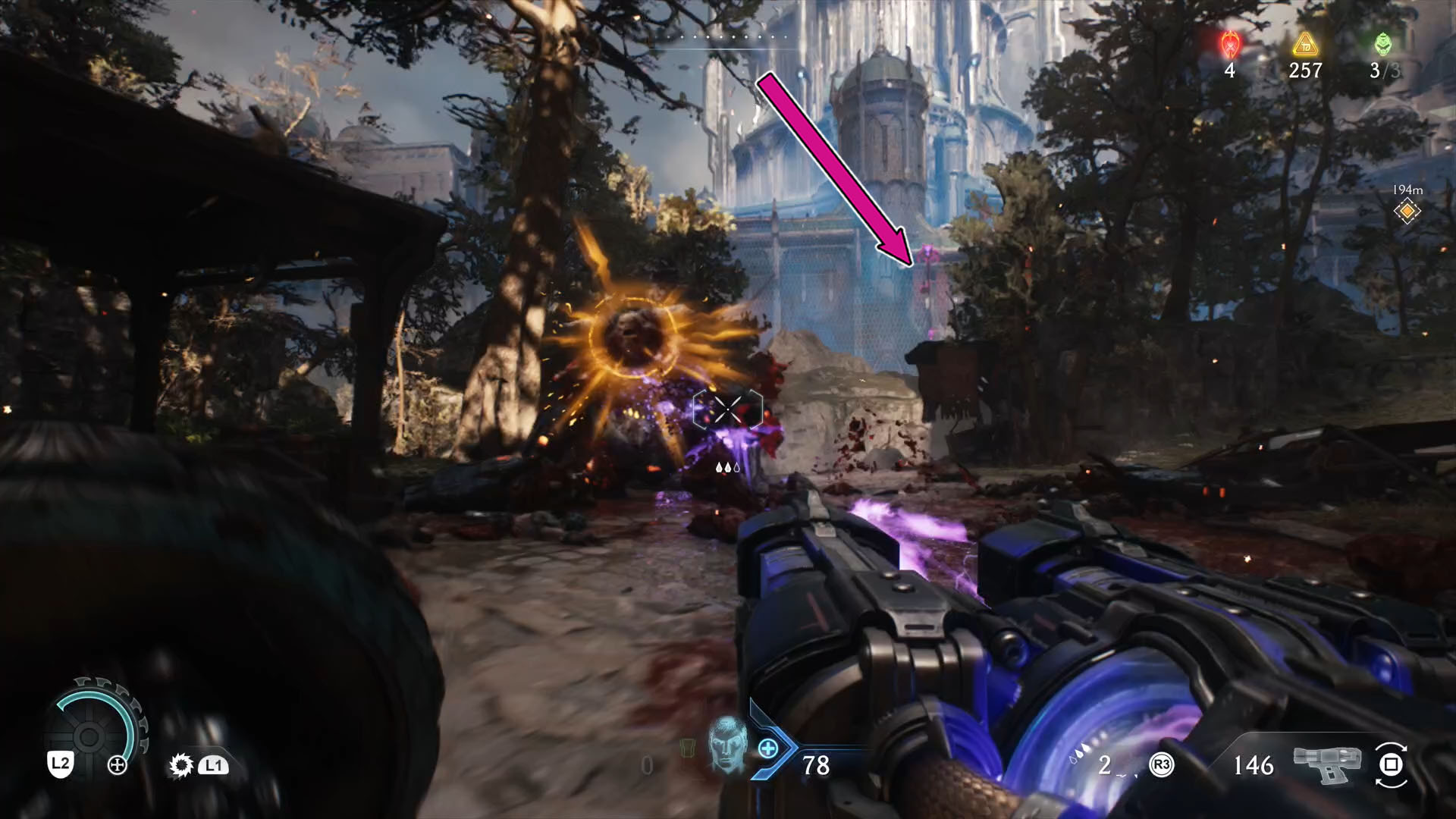 A Doom: The Dark Ages screenshot showing the flowing icon of a Purple Key in Chapter 6.