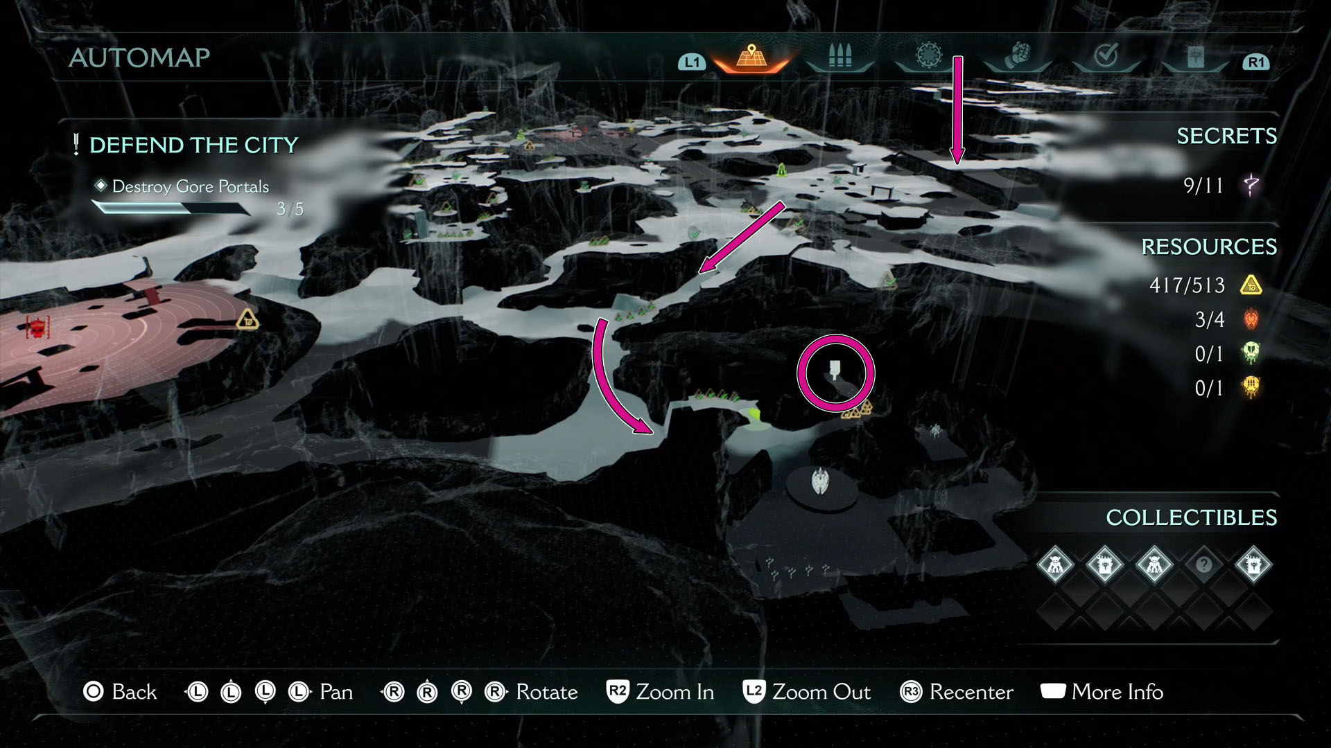 A Doom: The Dark Ages screenshot showing the map of Chapter 6 Siege Part 1. There are three arrows showing the path to where the Nightmare skin in this chapter is hidden.