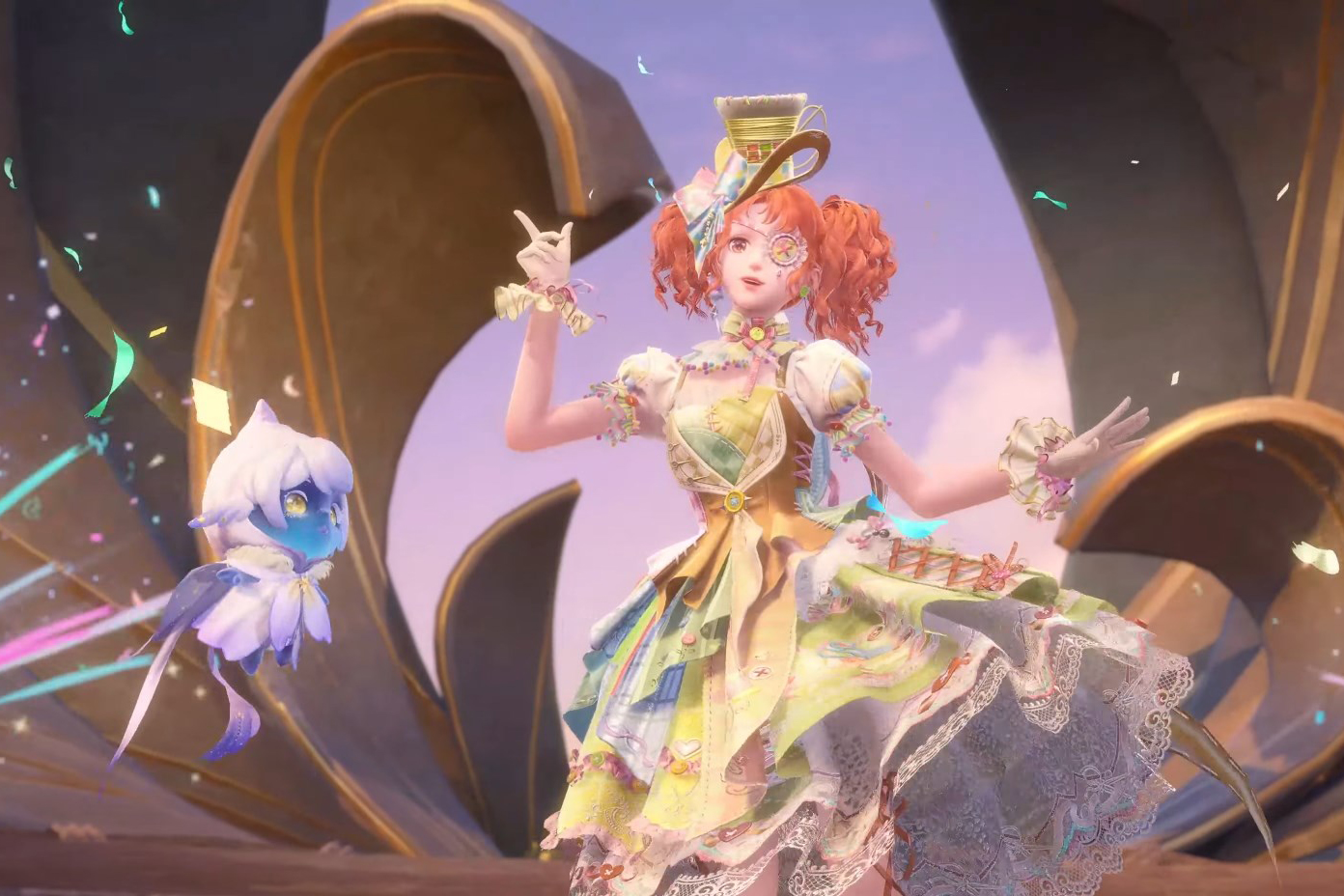 Nikki dances with a Faewish Sprite in a Mad Hatter-like outfit in Infinity Nikki