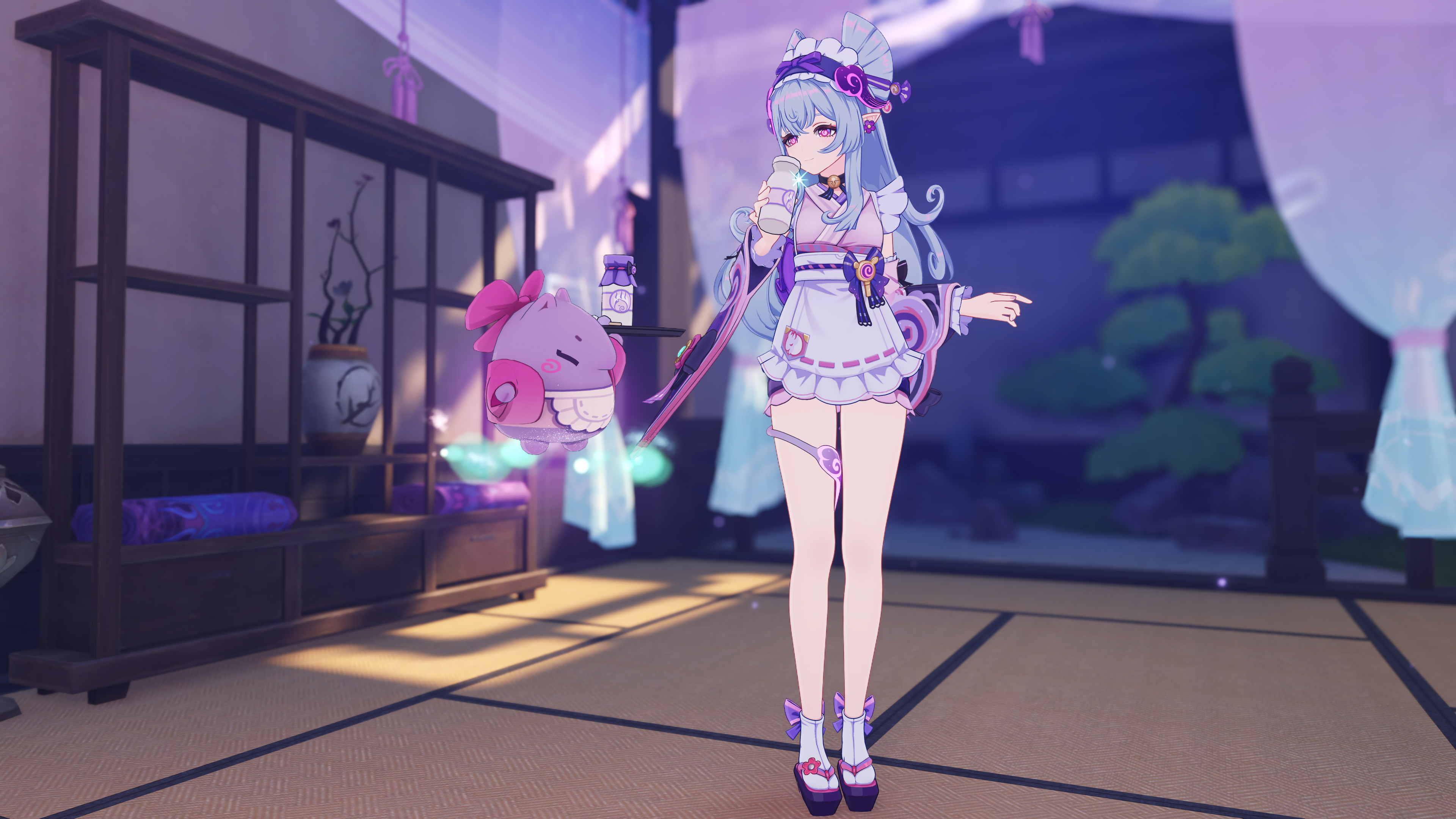 Mizuki, a pastel woman in a maid dress in Genshin Impact, sipping on milk
