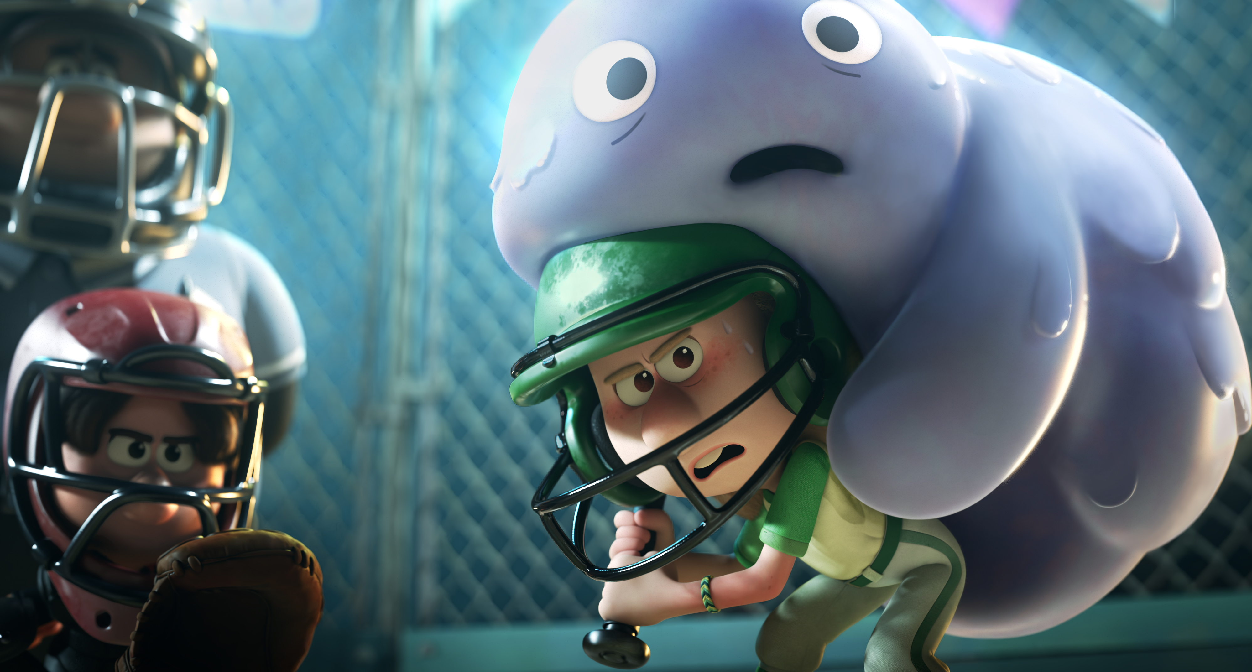 A boy with a big blob on his back, up to bat in Pixar’s Win or Lose