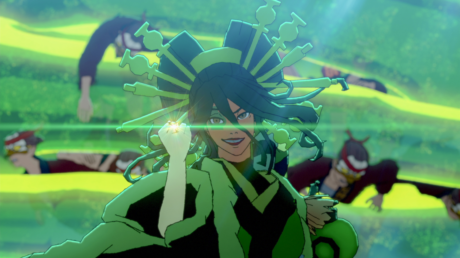 Green Lantern smiles and shows off her power ring while trapping many people behind her in energy in Batman Ninja vs. Yakuza League