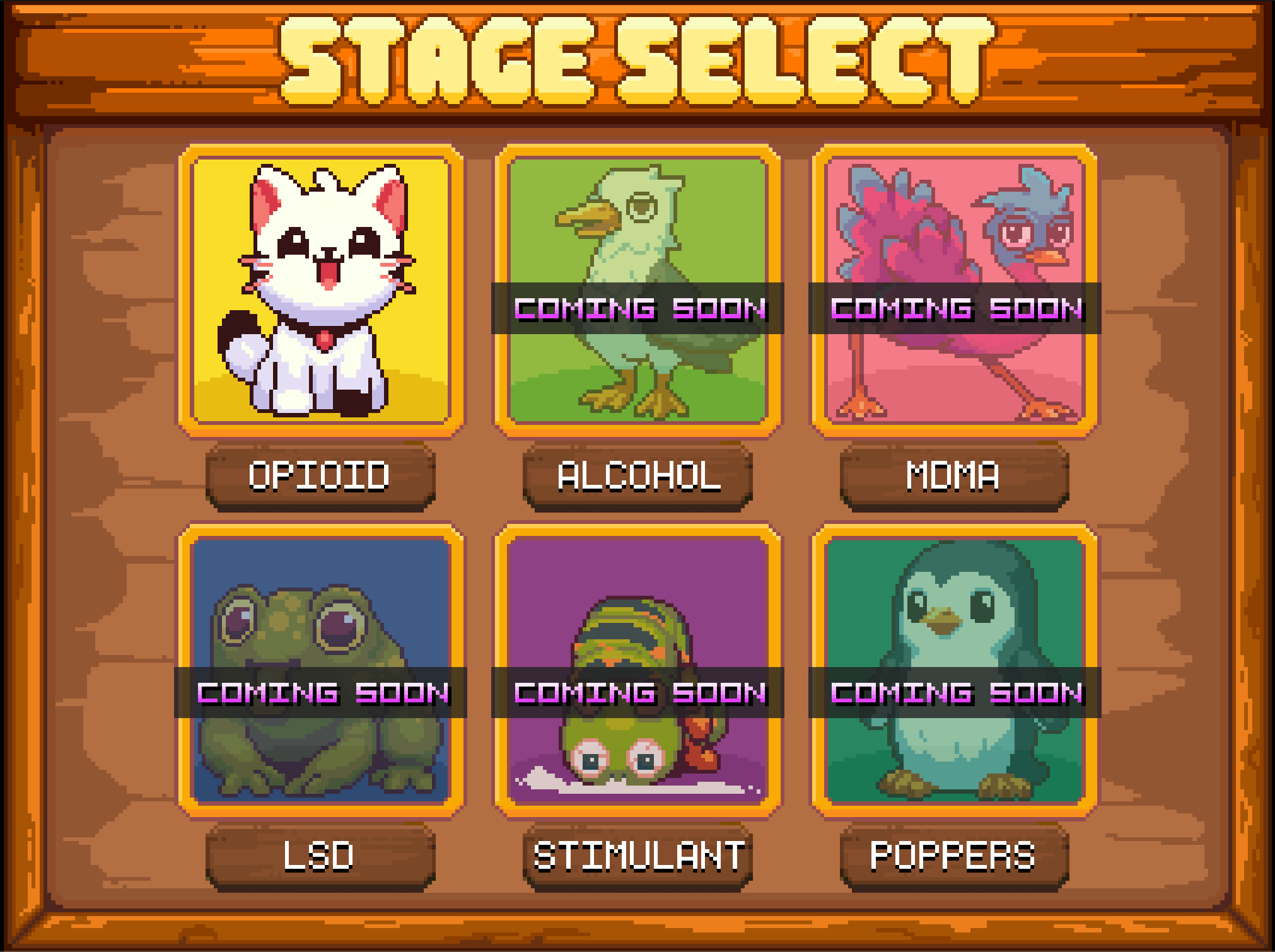 The game’s Stage Select screen, featuring stages for alcohol, MDMA, LSD, stimulants, and poppers.