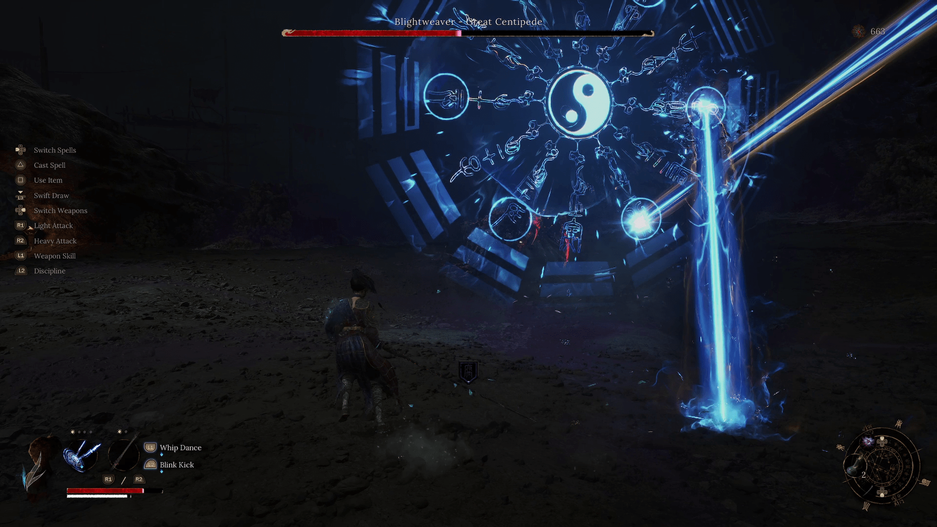 A still from the second phase of Blightweaver’s boss fight mid dodge of the laser attack.