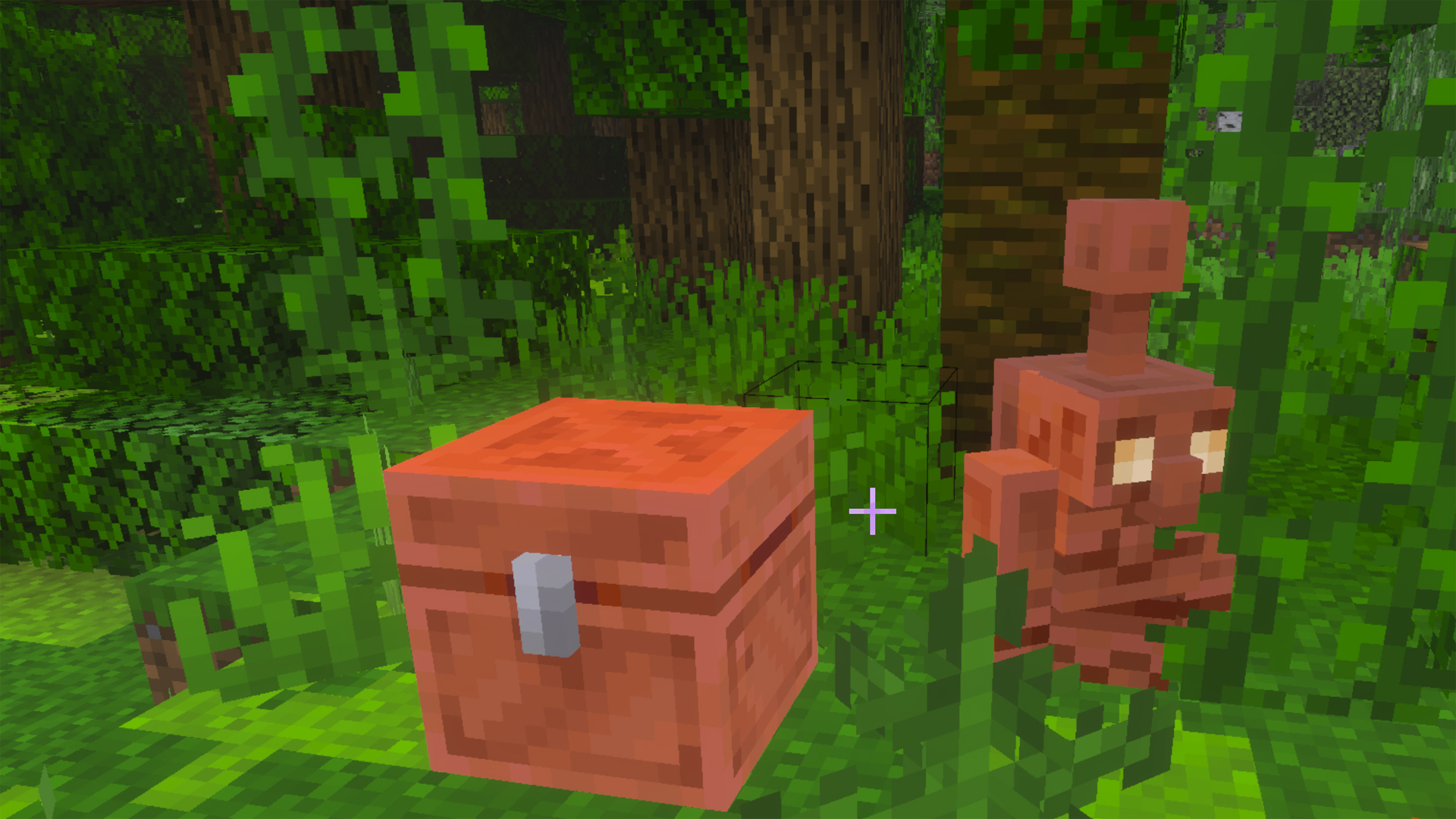A copper golem in Minecraft.