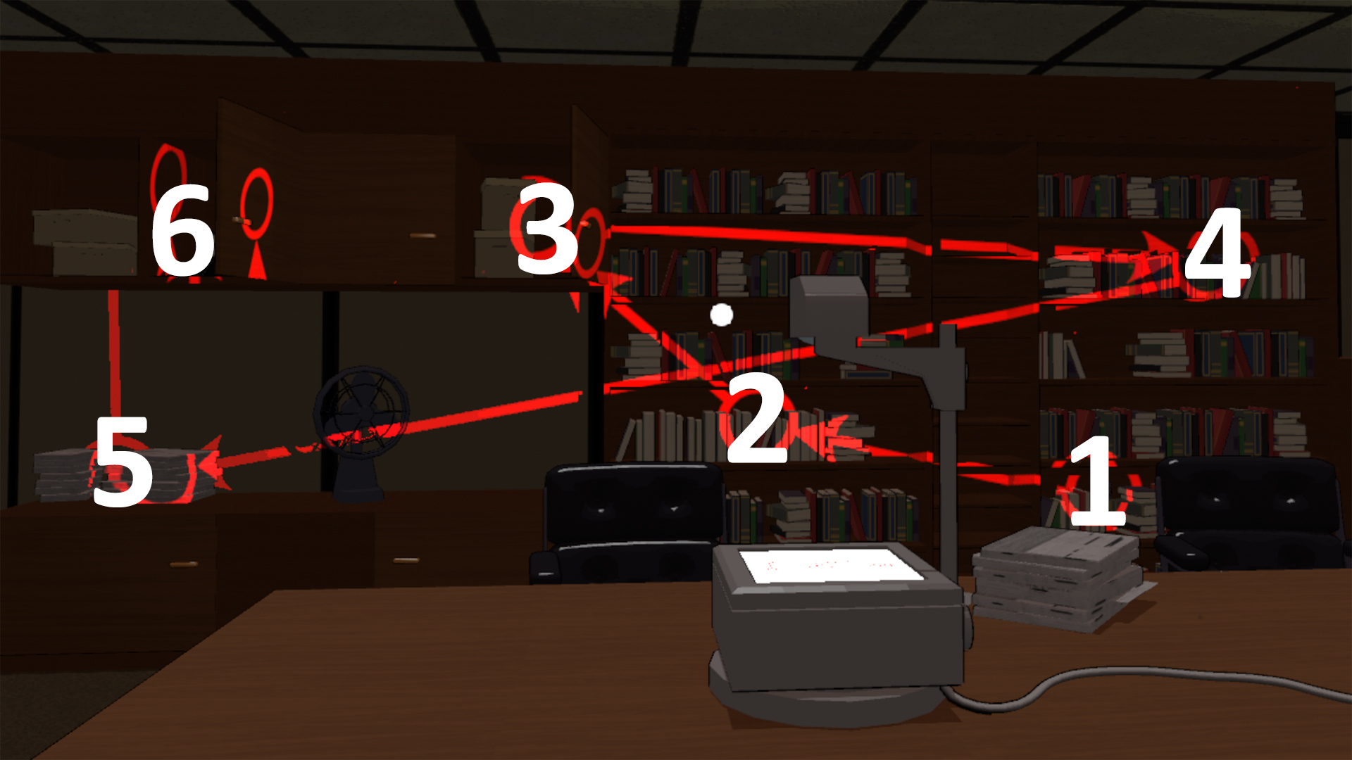 The bookcase puzzle solution in Missile Command Delta.