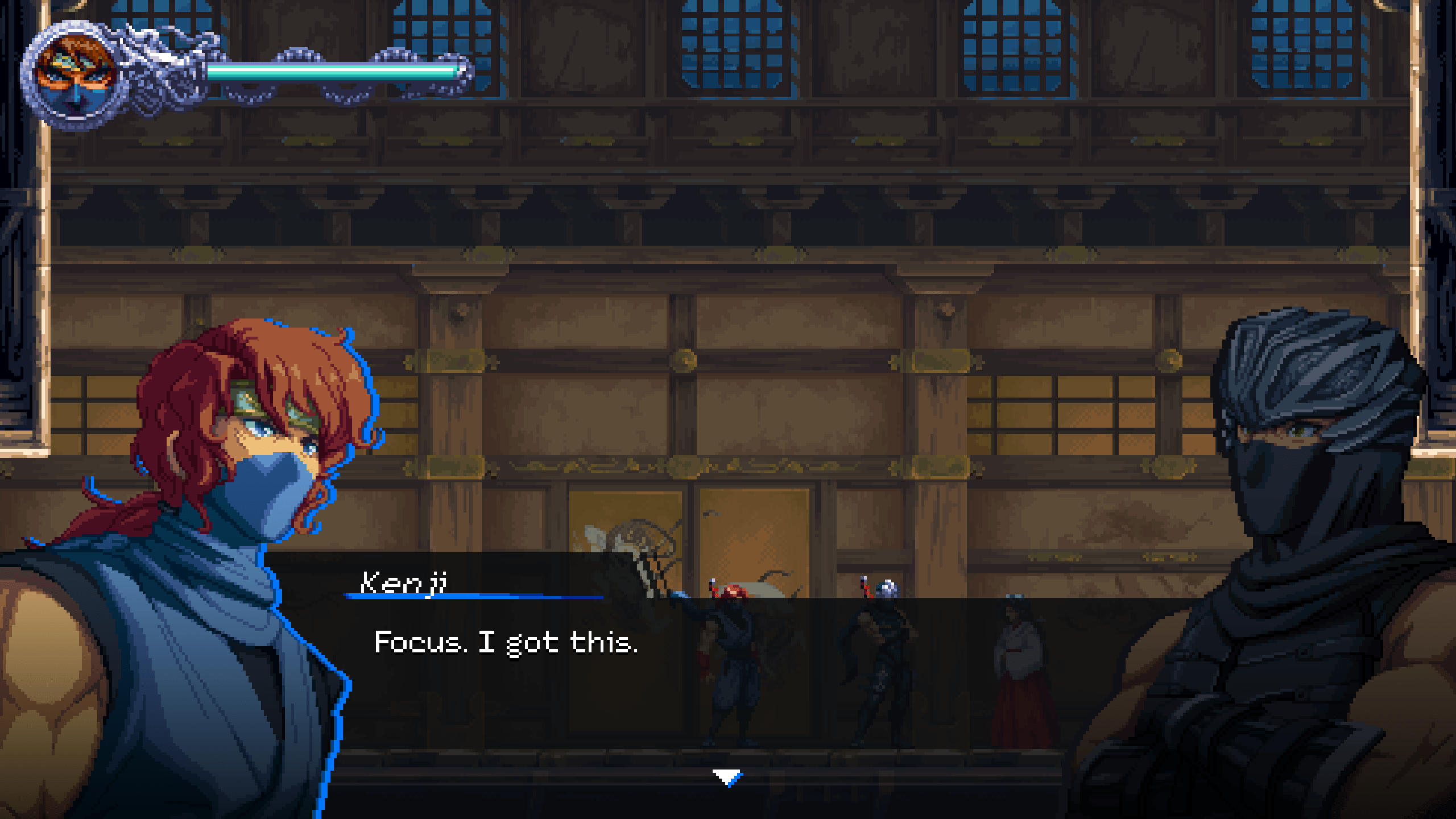 Kenji speaks to Ryu in a cutscene screenshot from Ninja Gaiden: Ragebound, saying “Focus, I got this.”