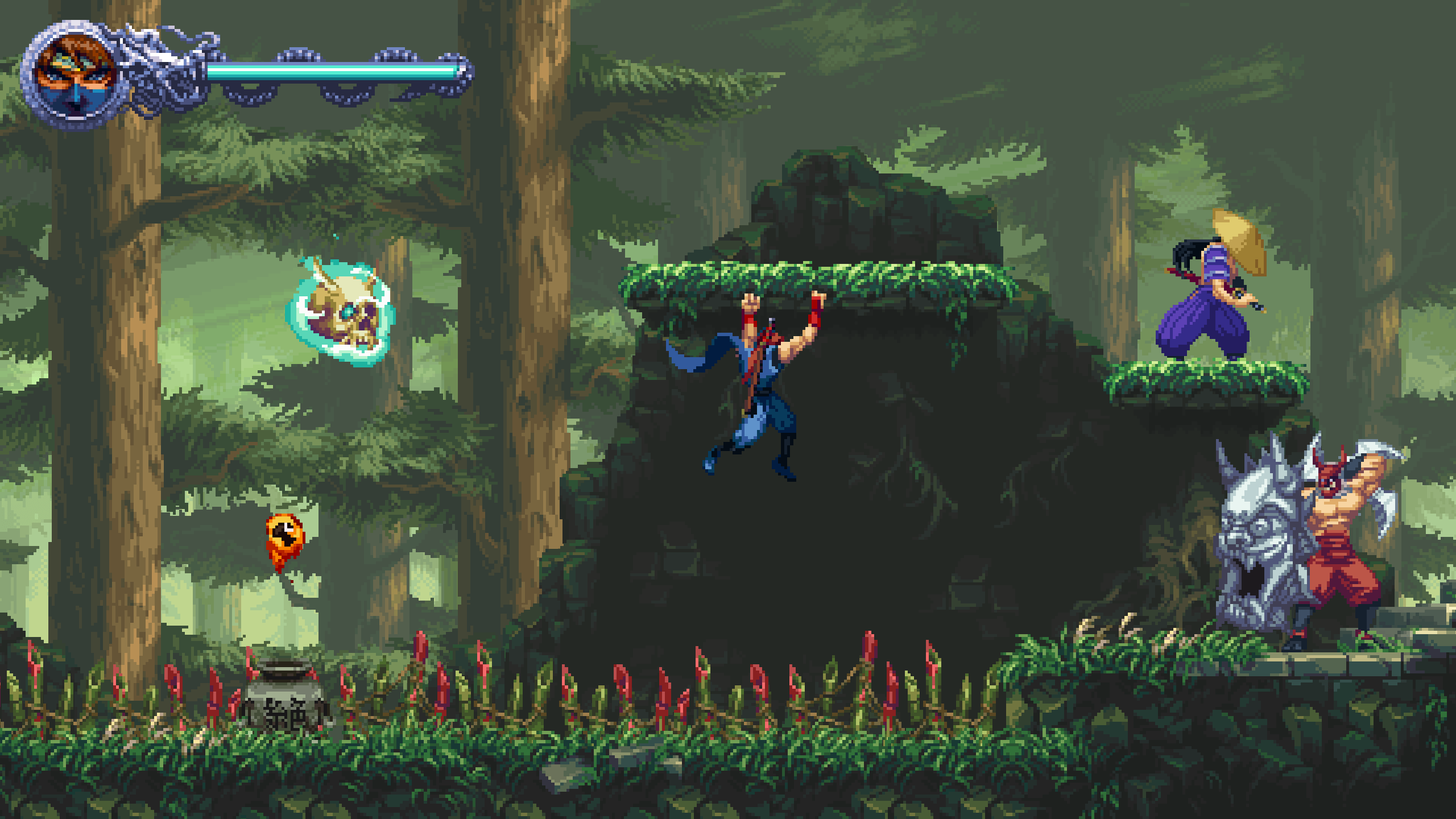 Kenji hangs from a ledge while surrounded by enemies in a screenshot from Ninja Gaiden: Ragebound