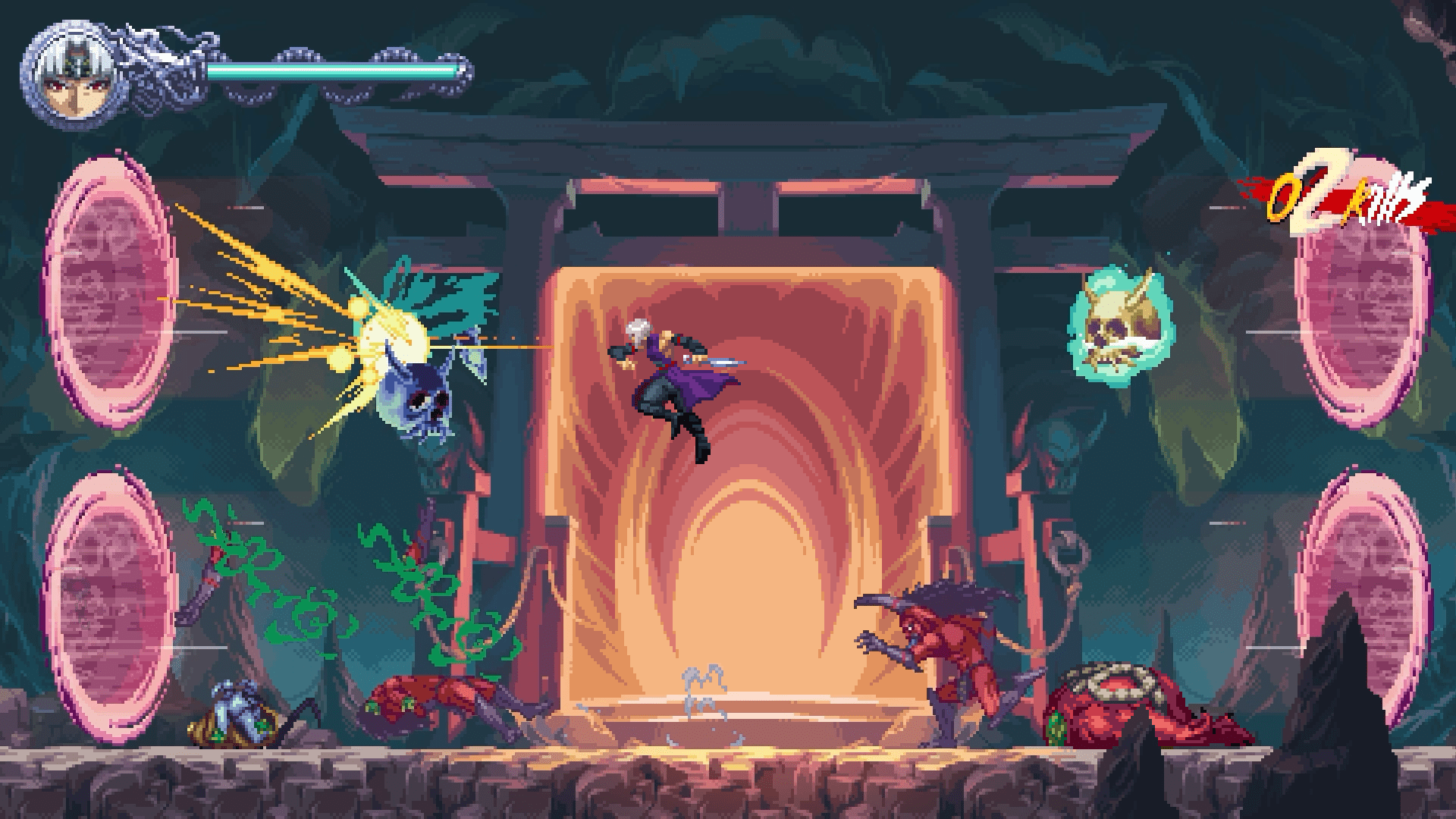 Kumori throws kunai at various demons emerging from portals in a screenshot from Ninja Gaiden: Ragebound