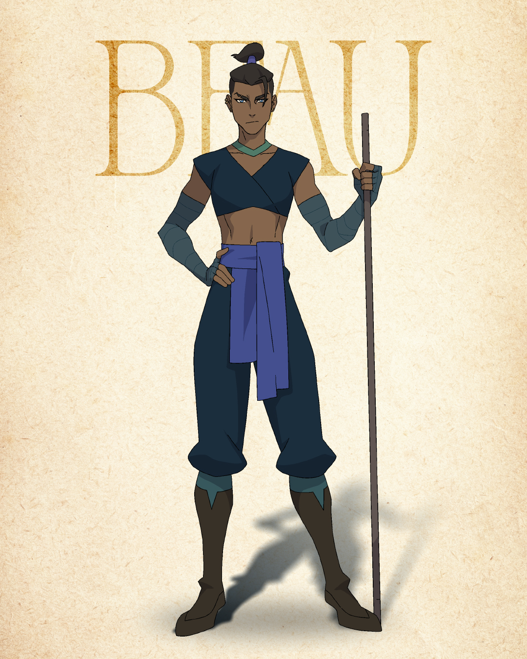 Beauregard from Critical Role’s The Mighty Nein Prime Video show. Beauregard is a human monk with brown skin, tied up hair, a staff and a blue outfit.