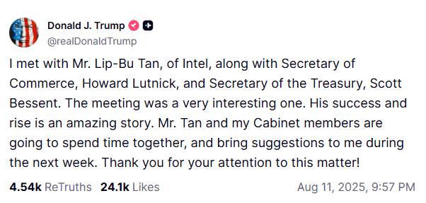After saying he should resign ‘immediately’, President Trump changes his mind about Intel CEO Lip-Bu Tan and calls his ‘success and rise’ an ‘amazing story’, looks forward to fixes for Intel’s foundry