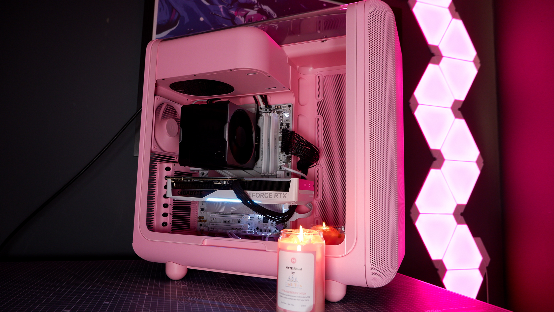 The Hyte X50 PC case on a desk ready to be built into for testing and review.