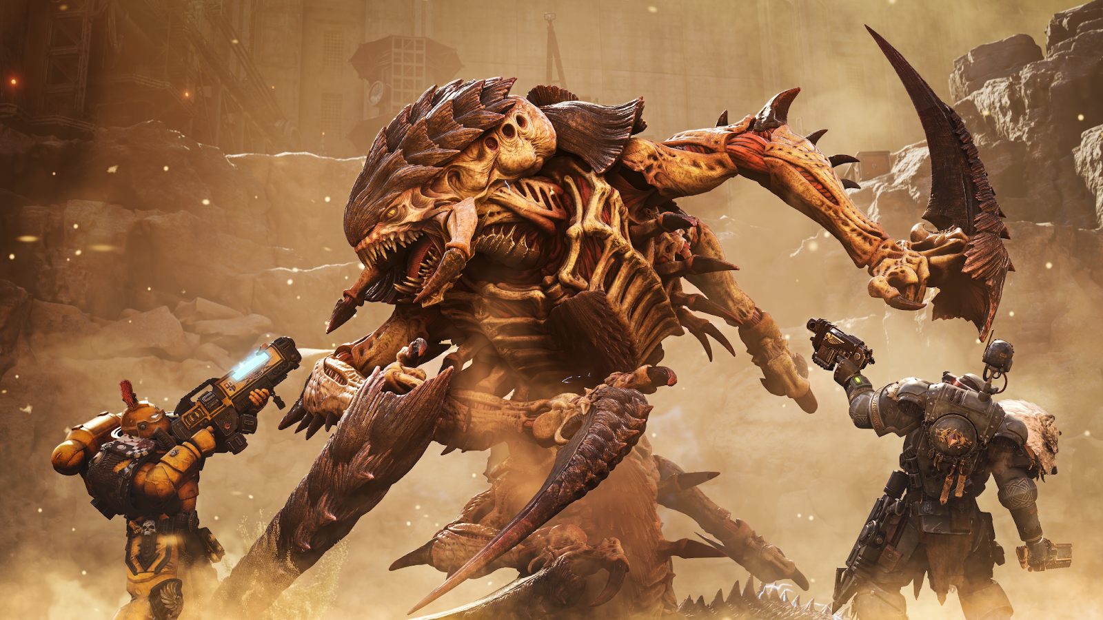 A pair of Space Marines shoot at a giant Trygon tyranid as it bursts from the ground in Space Marine 2