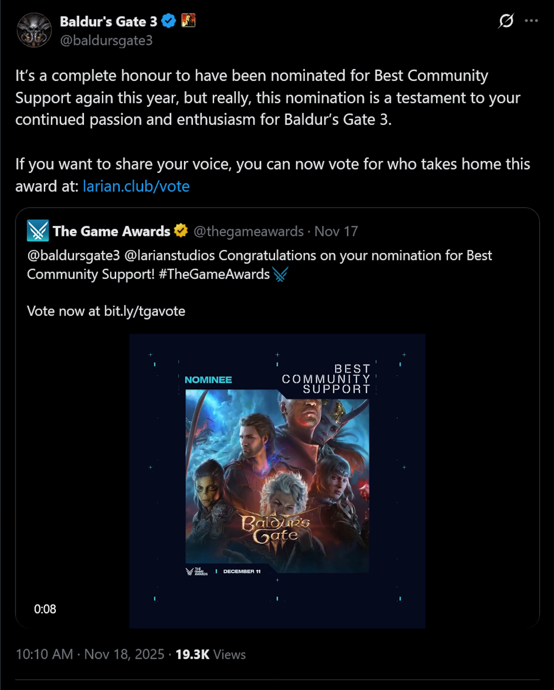 Larian Studios responds to 2025 Game Awards nomination for Baldur’s Gate 3, which came out more than 2 years ago: ‘honestly, what the f**k’