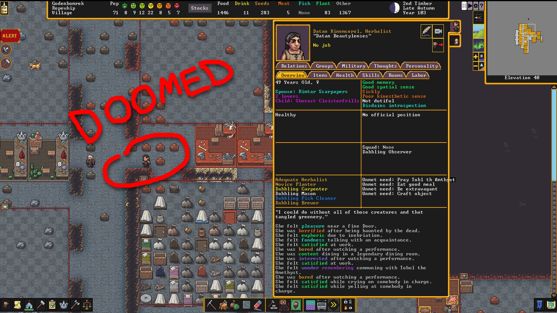 A dwarven mother awaiting death after being robbed of her agency by a baby-related bug.