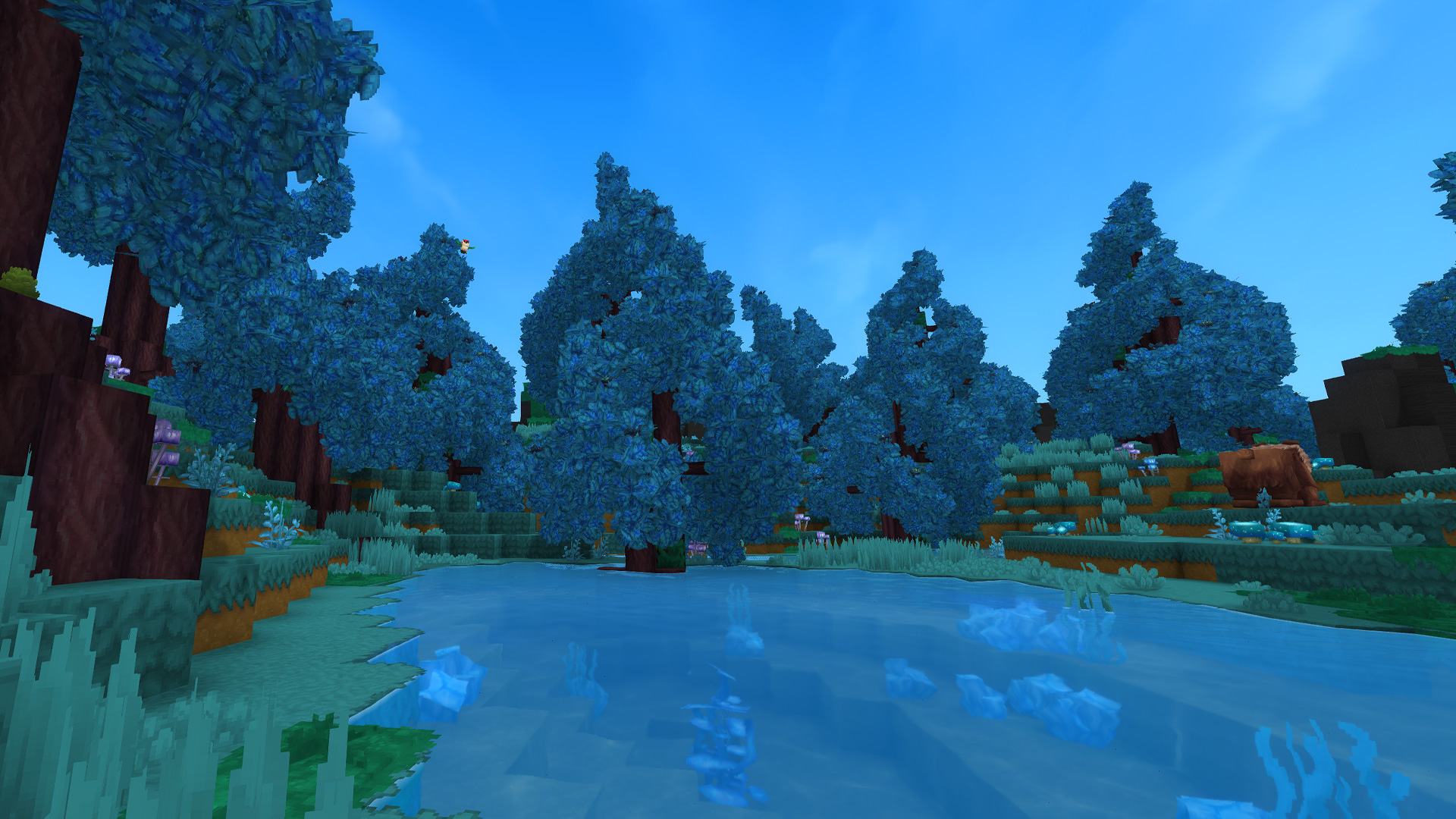 Hytale's deep blue forests filled with azure trees all surrounding a lake.