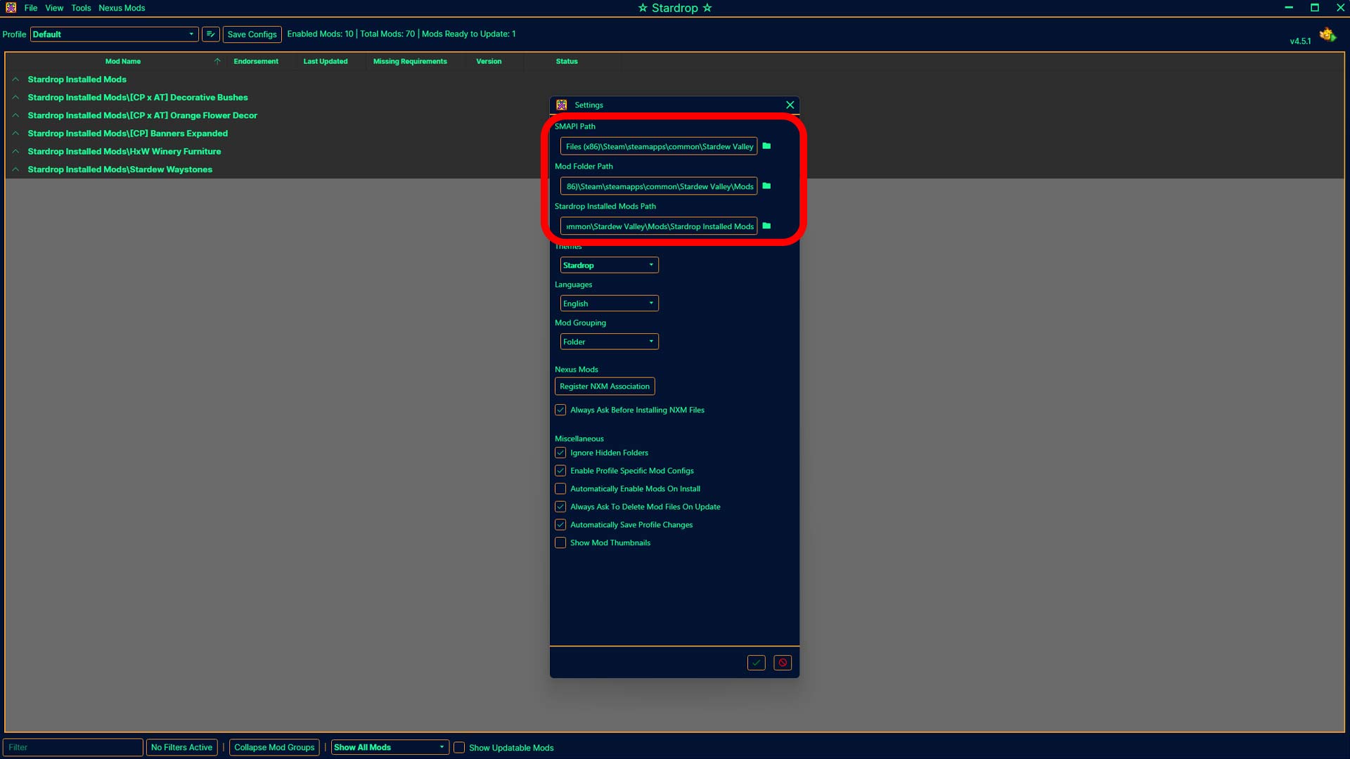 The Stardew Valley mod manager, Stardrop, with its settings window circled to illustrate where files directories should be