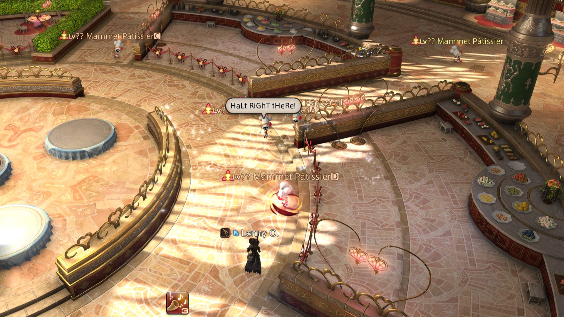 Final Fantasy 14 Valentine's Day instance, showing a mammet aiming their attack at the player