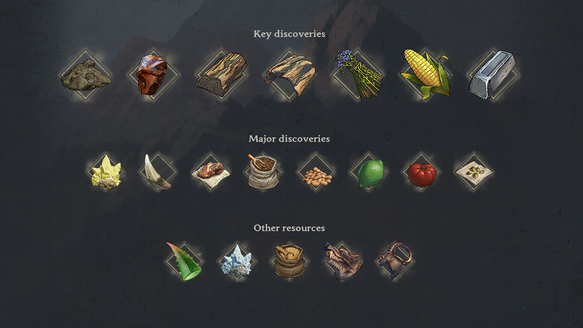 The Windrose Discovery menu displaying every item you can find in the Foothills