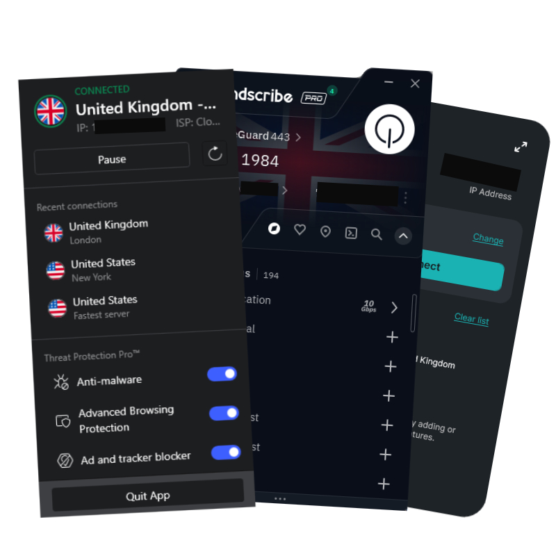 Overlapping screenshots of NordVPN, Windscribe, and Surfshark VPNs.